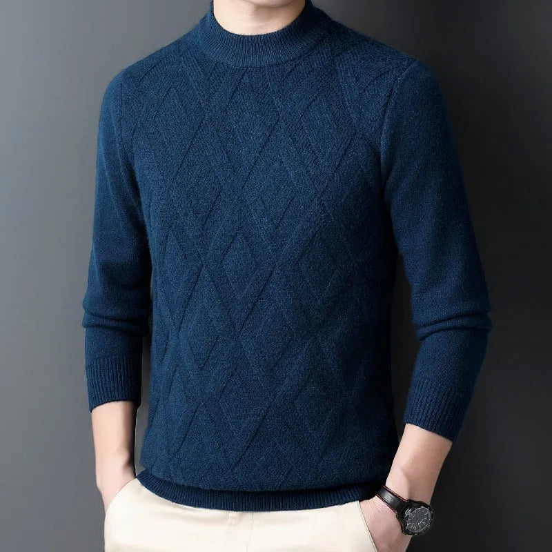 Men's thick winter sweater with diamond jacquard pattern in light camel colour, plus size fit.