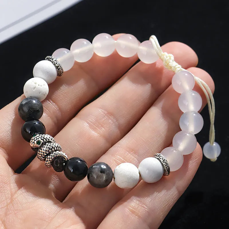 Black and white agate couple bracelet with blessing snake design and turquoise glitter