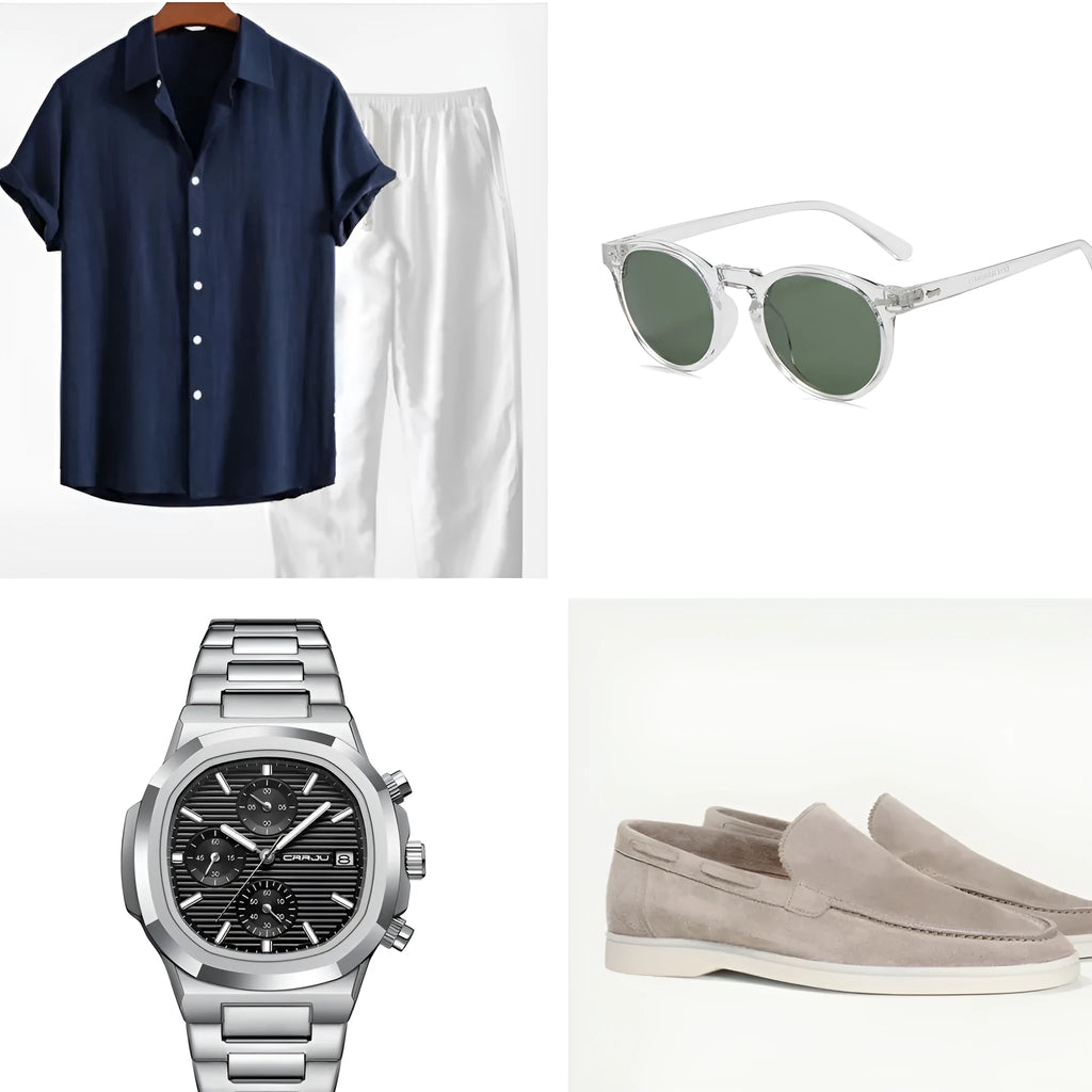 A navy blue casual short sleeve suit set with a loose-fitting shirt and shorts on a beach background.