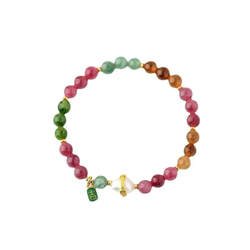 Geometric natural chalcedony bracelet for men and women with 6.5mm beads in optimised tourmaline colour.