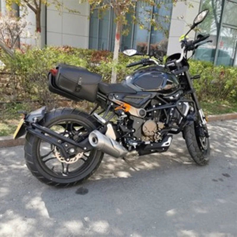 Black PU leather motorcycle swingarm saddlebag mounted on Sportster showing dimensions and mounting position