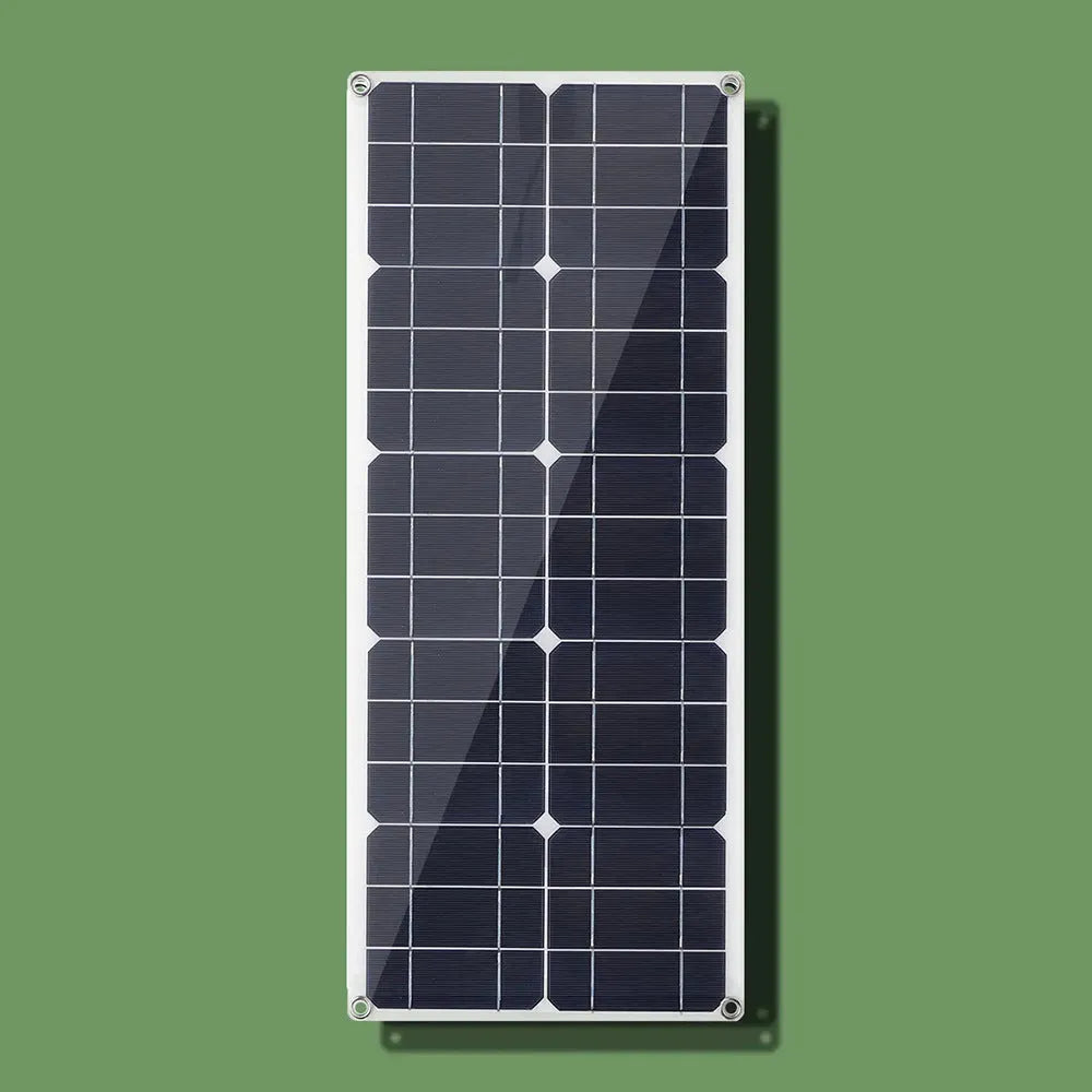 30W semi-flexible solar charging panel showing USB and DC output ports