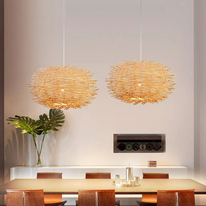 Handwoven rattan birdcage chandelier with bamboo straw weave in coffee colour, 30cm diameter
