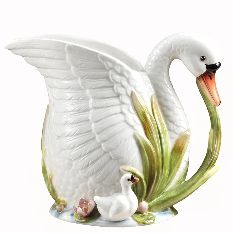 Ceramic vase with embossed swan pattern, pastoral style, 24.1cm length, picture colour, on a shelf