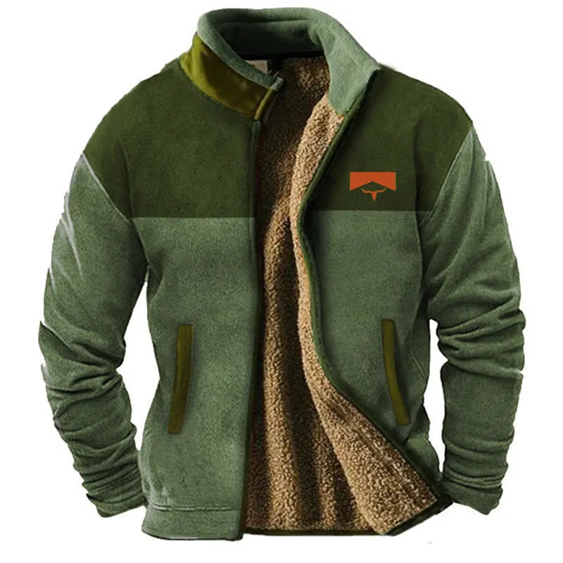 Men's light brown padded polyester coat on a hanger, showing regular 50cm length.