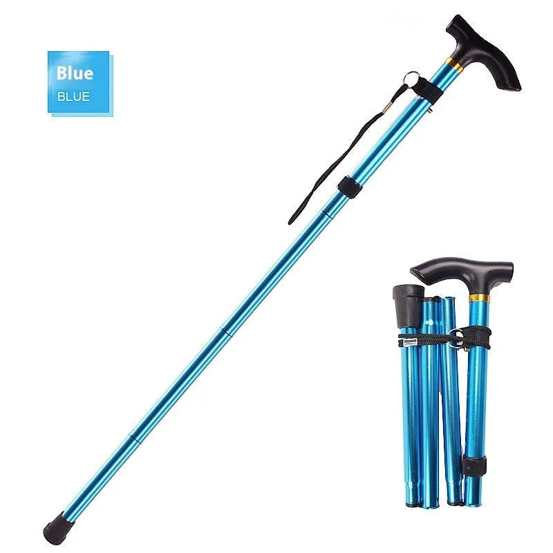 Aluminium folding walking cane extended to show adjustable shaft and textured non-slip handle.