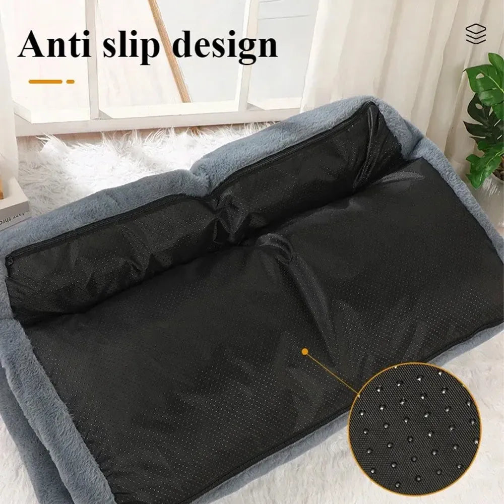 Plush sofa-shaped pet bed for cats and small dogs with removable cover and anti-slip bottom