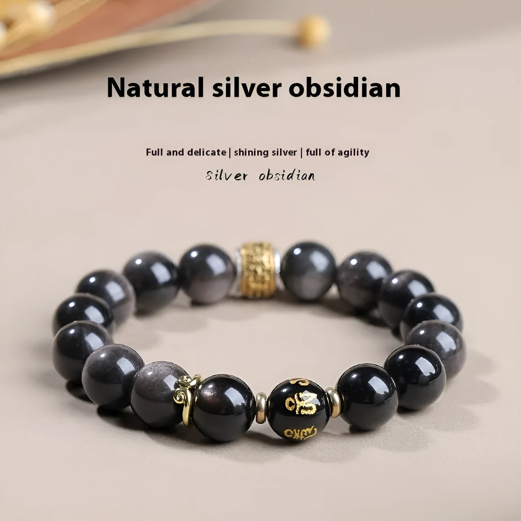 Natural silver stone Buddha beads bracelet 10mm hand toy on surface, unisex design