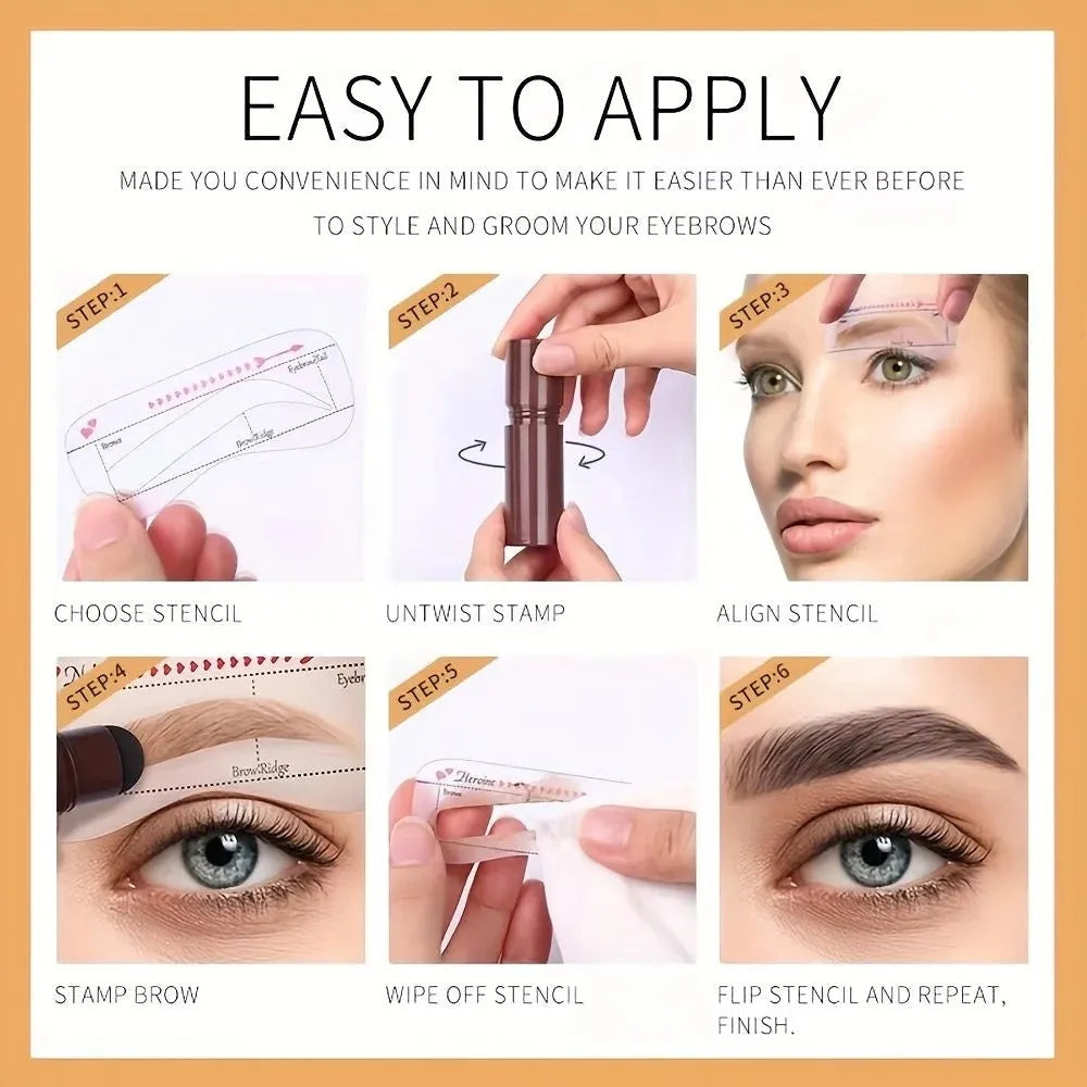 Professional eyebrow stamp set with brown waterproof brow cream in a 2g pot, designed for quick symmetrical brow shaping