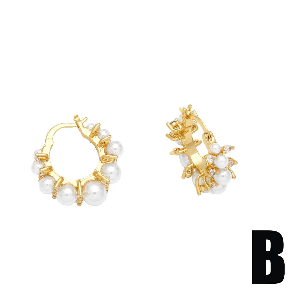 Geometric circle cross ear clip earrings for women, copper with pearl accent, colour options A and B