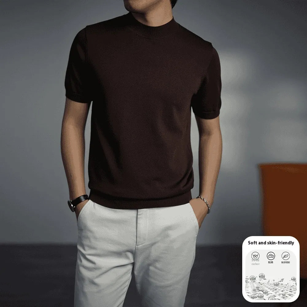 Men's knitted business T-shirt in solid colours with round neck and short sleeves