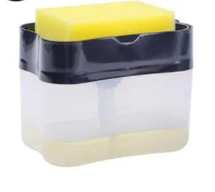 A grey plastic soap dispenser with a pump top on a kitchen countertop