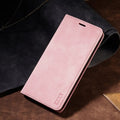 Black leather wallet card-inserting protective case for iPhone with metal kickstand bracket and magnetic back