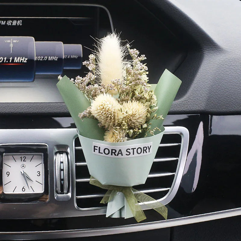Car vent mounted dried flower bouquet decorative accessory in various floral styles