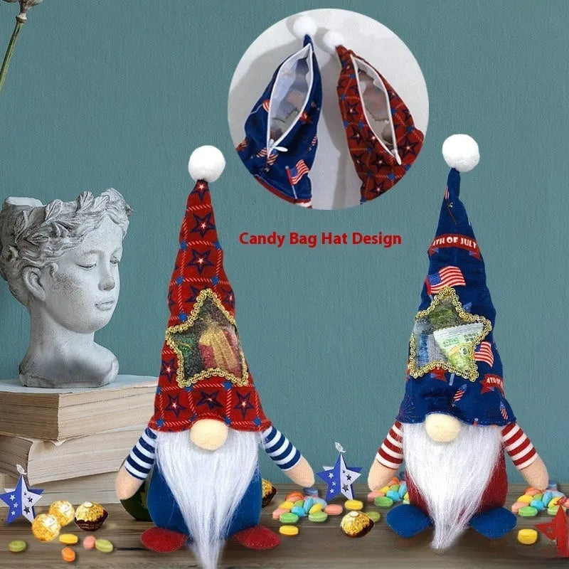 Two faceless red and white Rudolf suit baby doll Christmas tree ornaments made of cloth.