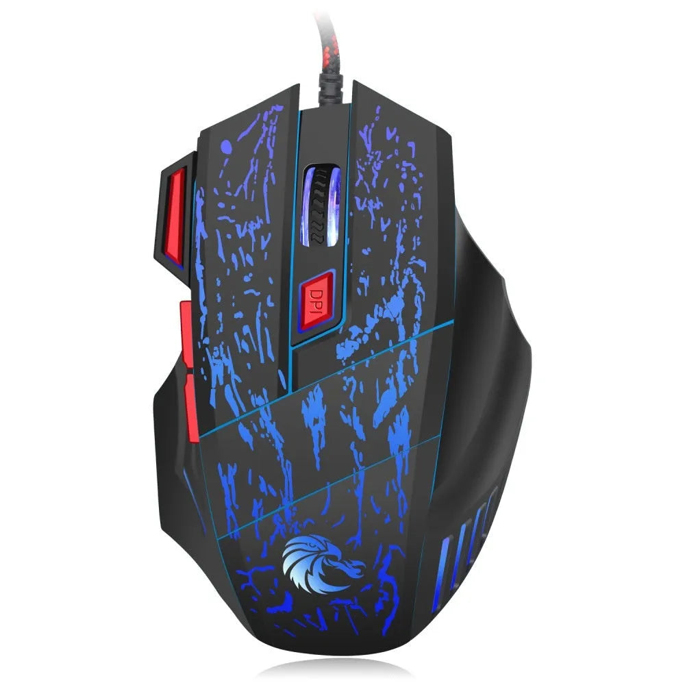 Black Water Crack pattern luminous gaming mouse with USB cable on desktop