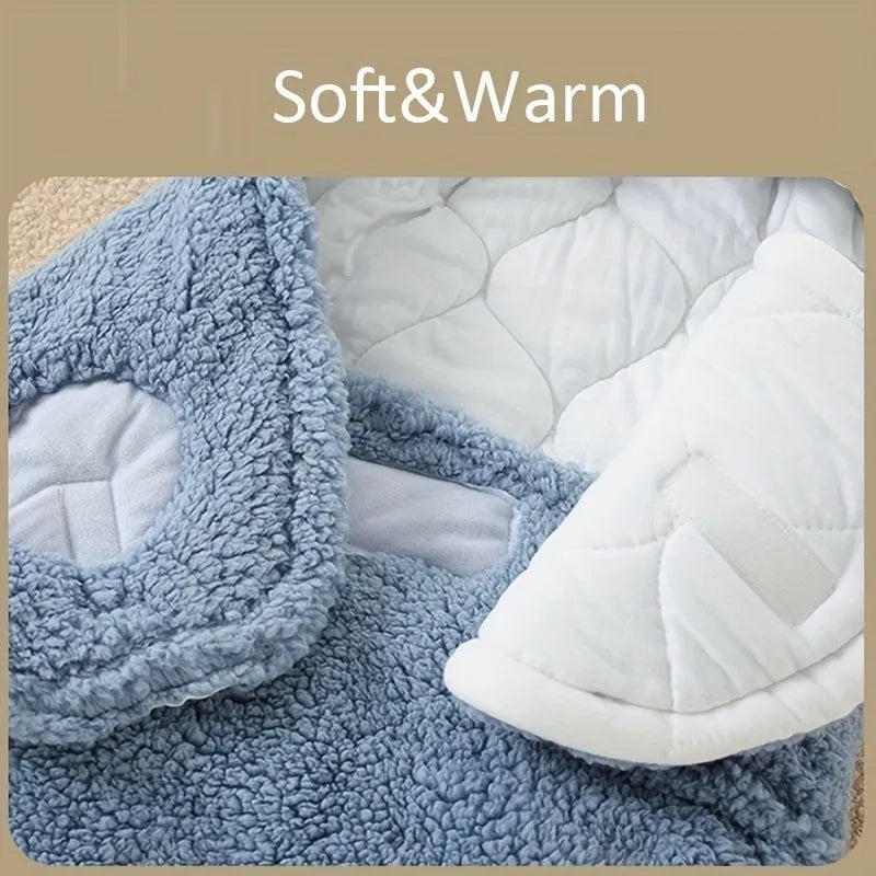 A baby wearing a soft grey fleece sleeping bag with hook-and-loop shoulder straps.