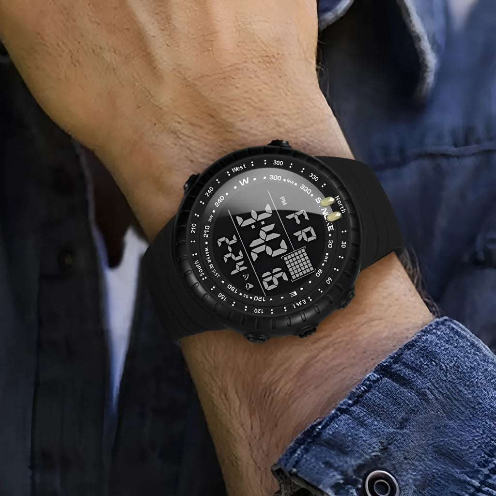 Men's black digital outdoor watch with large dial and WR50M waterproof rating