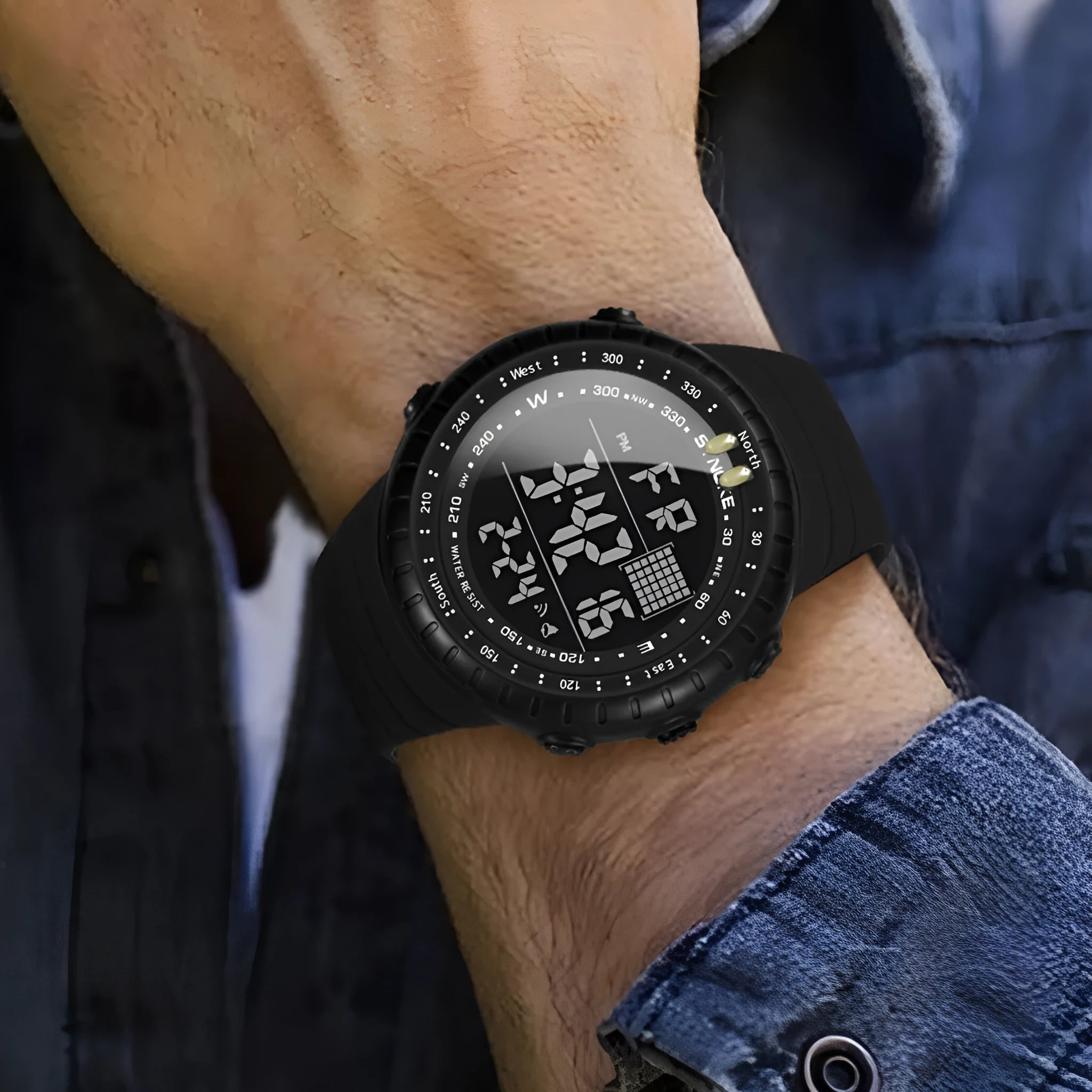 Men's black digital outdoor watch with large dial and WR50M waterproof rating