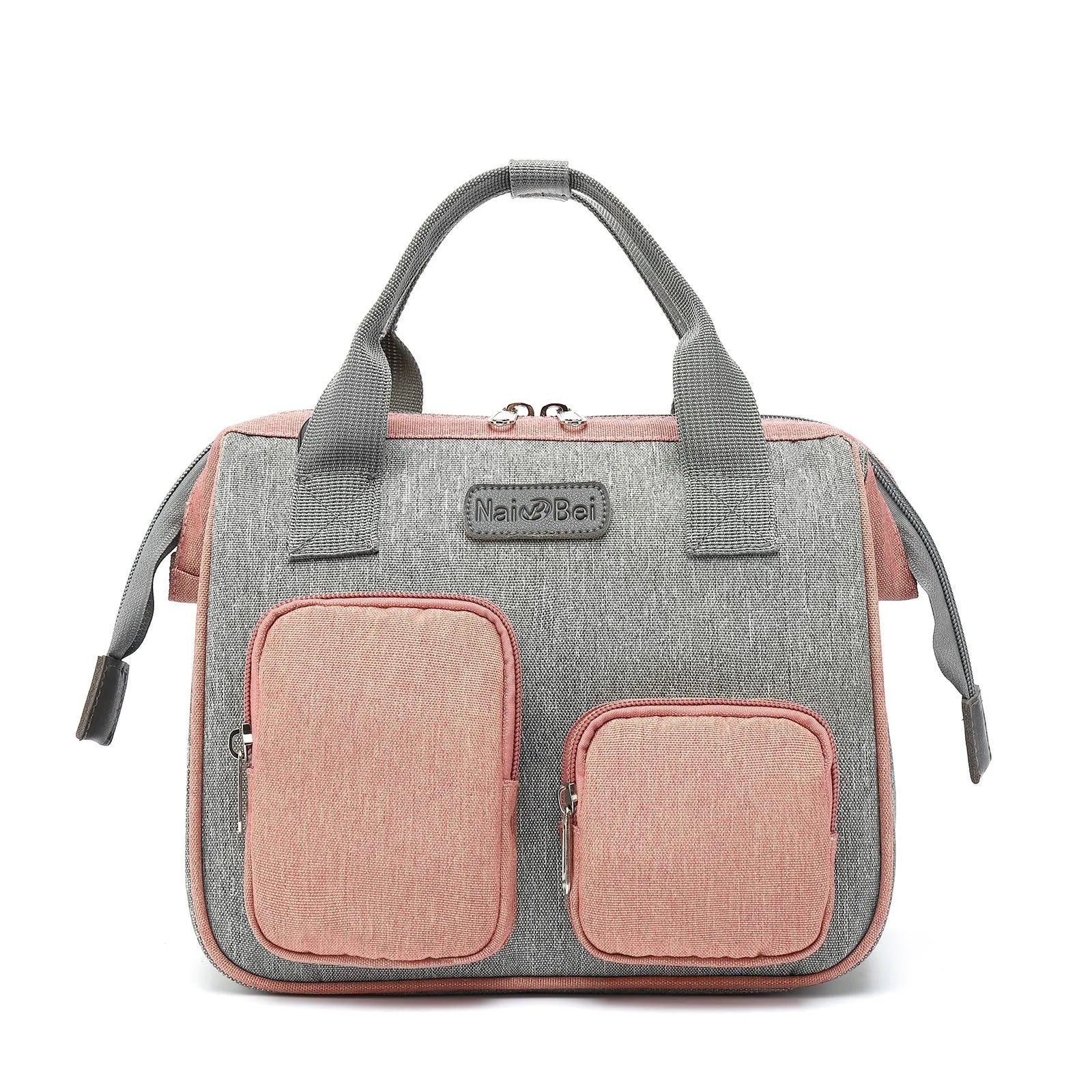 A grey oxford cloth handbag showing its large main compartment and external three-dimensional pocket.