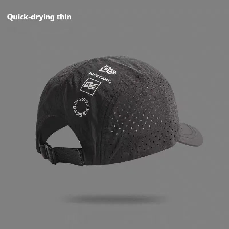 Men's adjustable baseball cap in acrylic mesh fabric shown in black, suitable for summer sun protection.