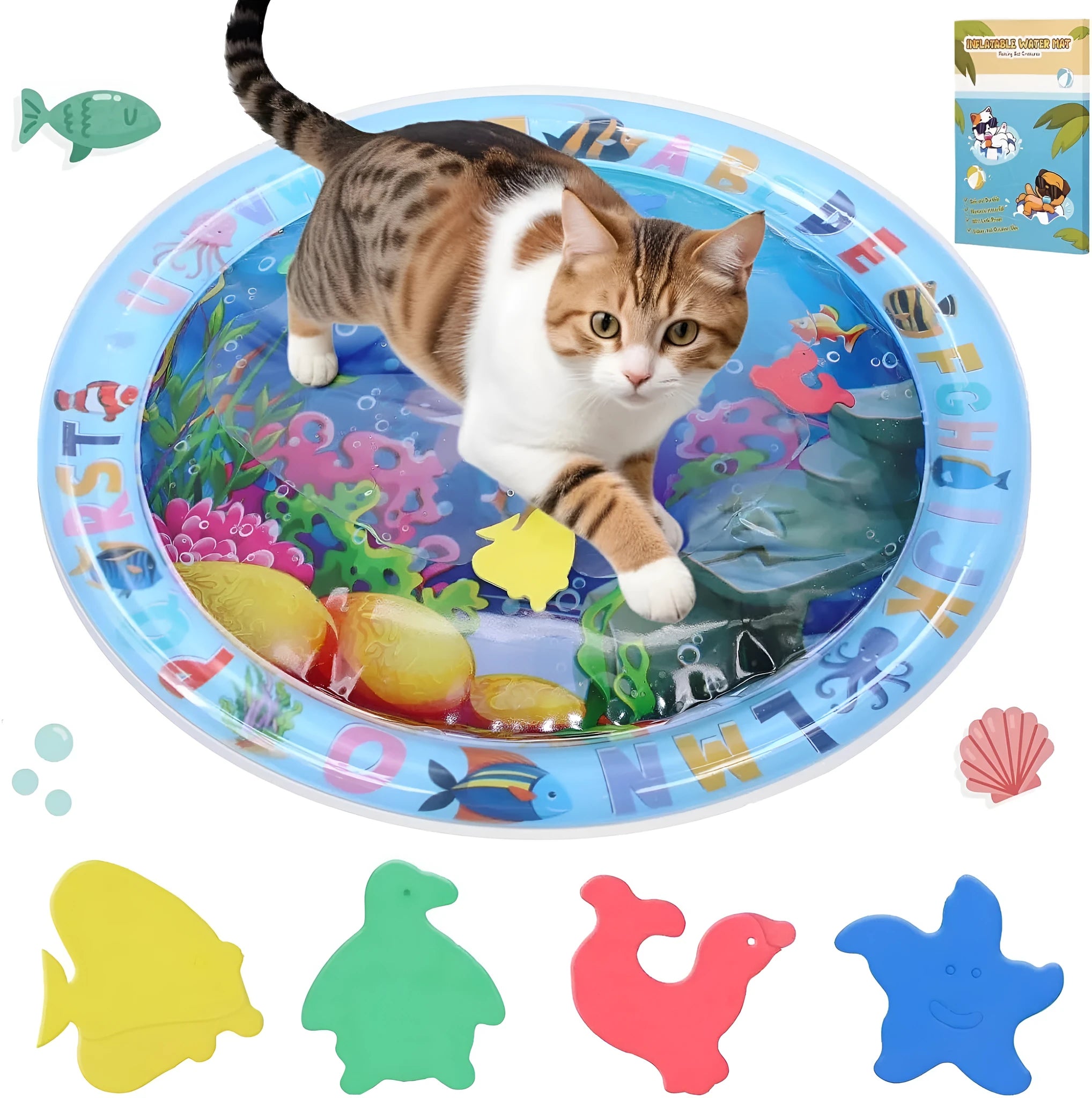 Large square blue water playmat for cats with floating fish toys inside, shown on a floor.