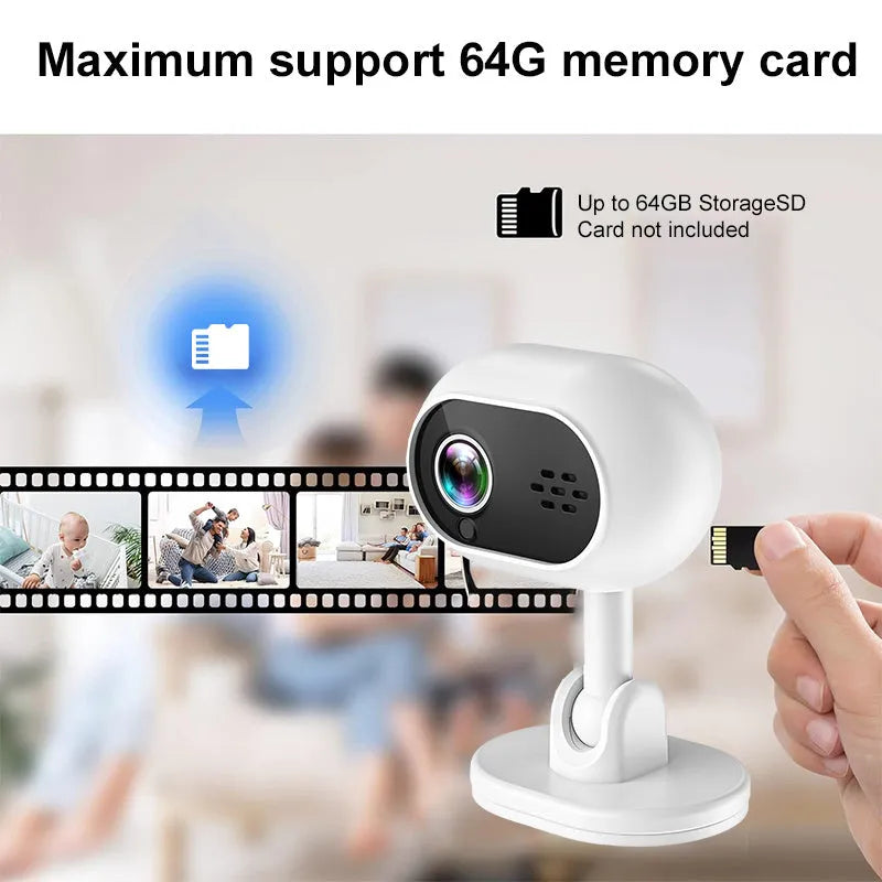 White 1080P HD mini WiFi IP camera with night vision for home monitoring