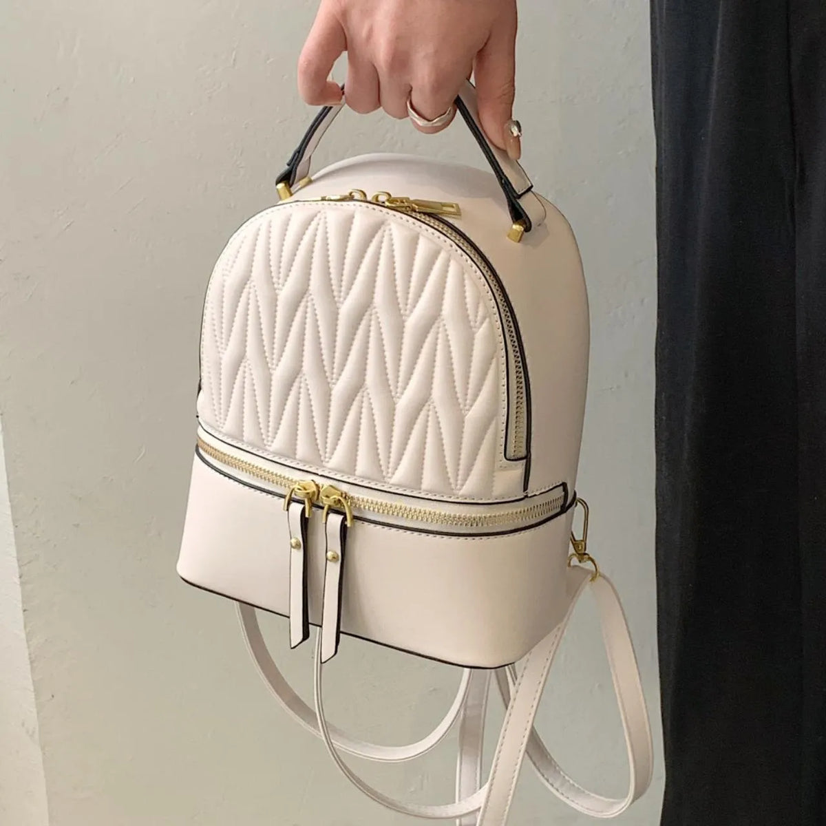 Women's PU backpack in brown, black, khaki, green or white with sandwich pocket, 22cm height and 19cm bottom width