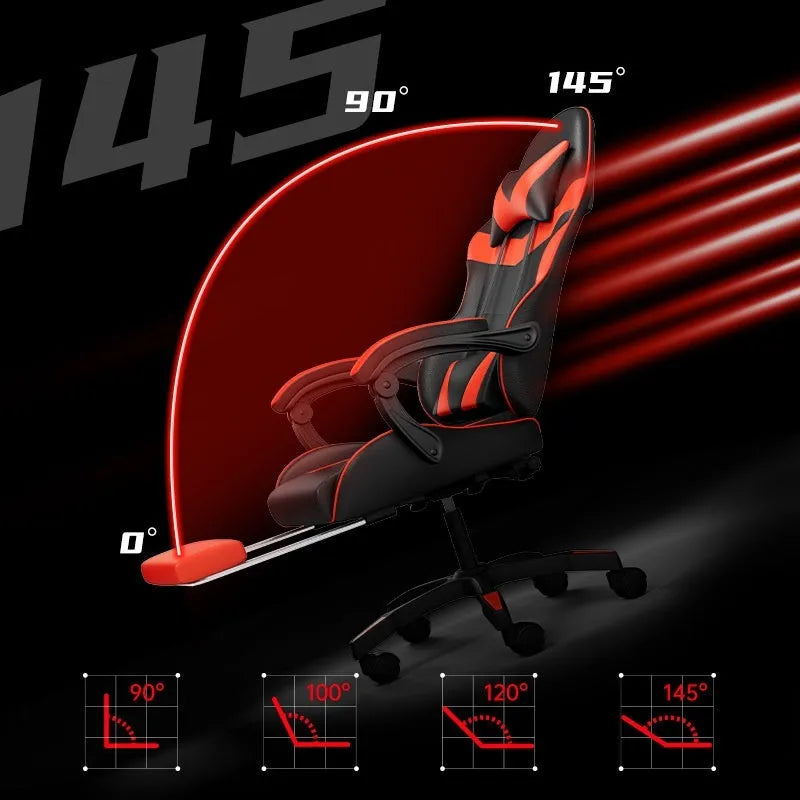 Adjustable reclining massage computer chair in leather with footrest and LED option, e-sports chair for home gaming and office
