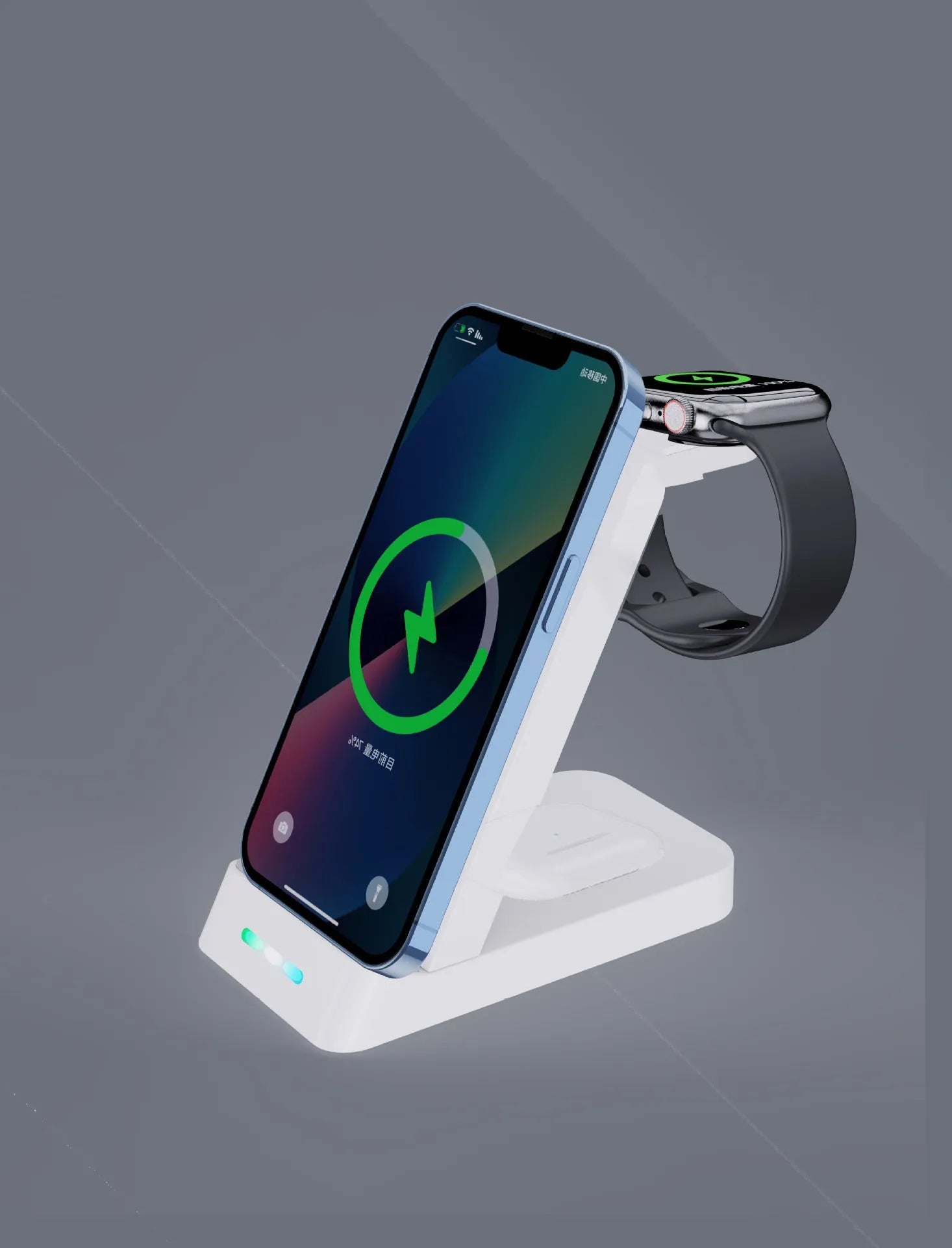 Black or white 3-in-1 wireless charging stand holding a phone, AirPods case, and an Apple Watch.