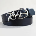 Casual silver buckle belt in PU leather with snap button fastening, showing 3.3cm width and 105cm length