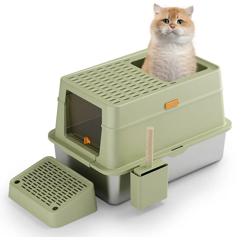 Grey enclosed cat litter box with a foot pedal open, showing the stainless steel dustbin inside.
