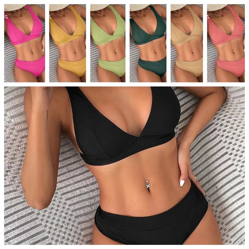 Women's black rib lace-up split bikini set shown on a mannequin.