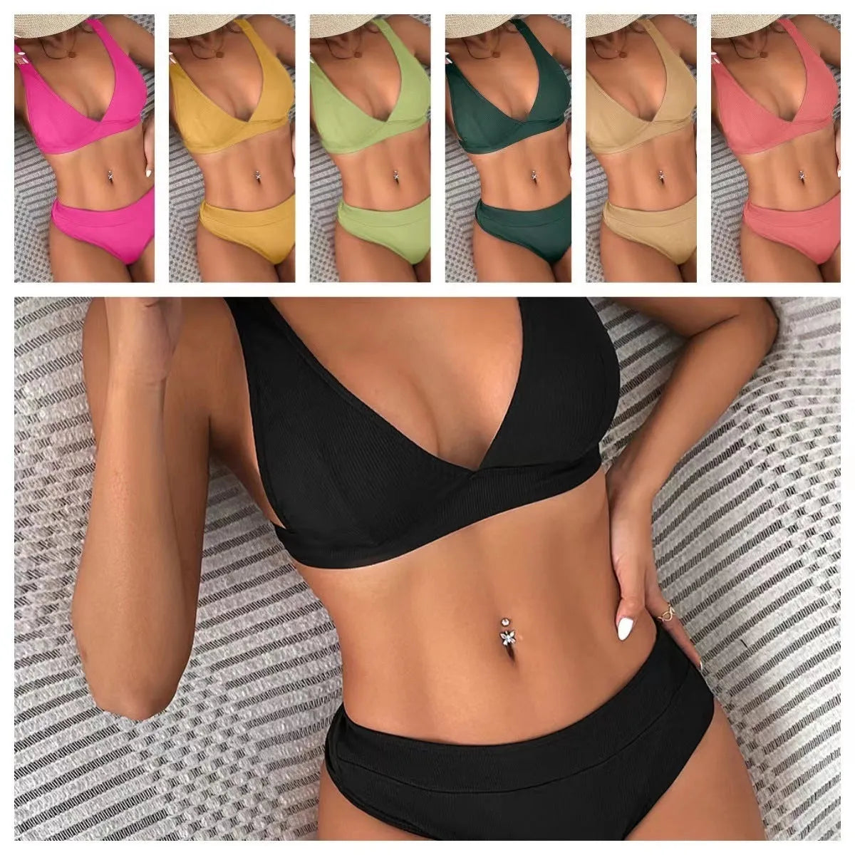 Women's black rib lace-up split bikini set shown on a mannequin.