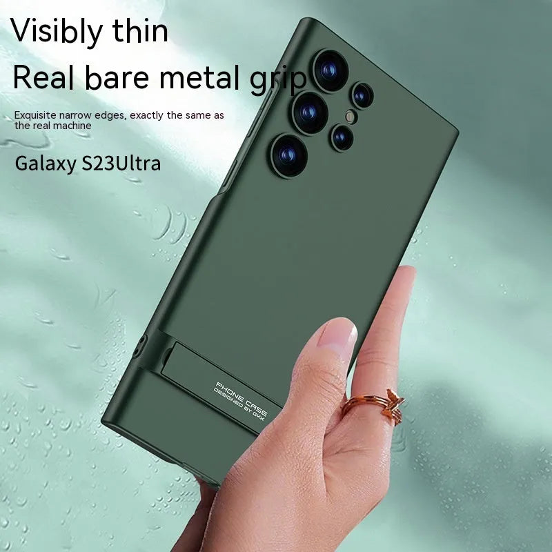 Ultra-thin frosted PC Samsung S23 phone case with built-in bracket in cool black, dark night green, dream purple, and elegant silver