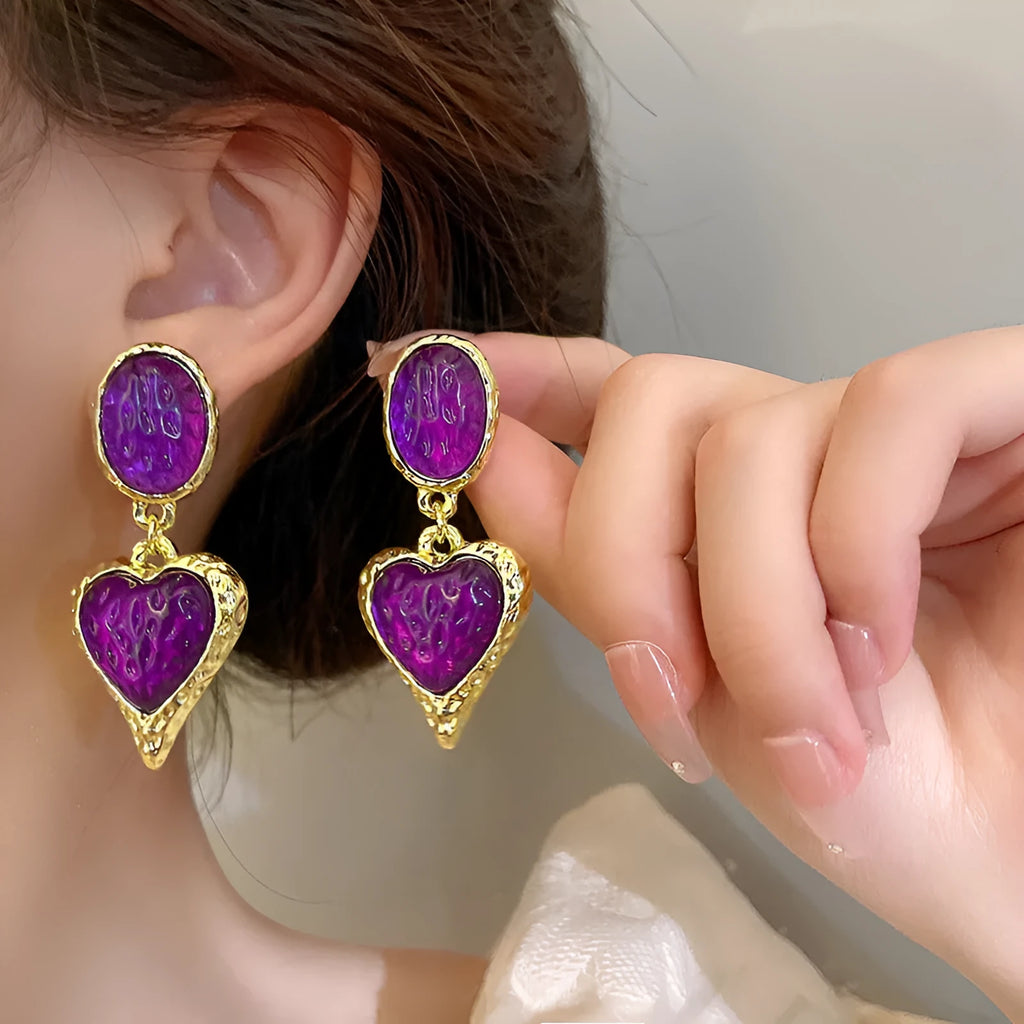 Silver needle pleated oval love heart stud earrings in purple, red, green, yellow/white colour options