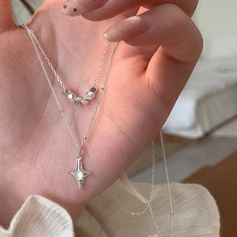Double layer stainless steel necklace with opal cross pendant for women, colour XL3329