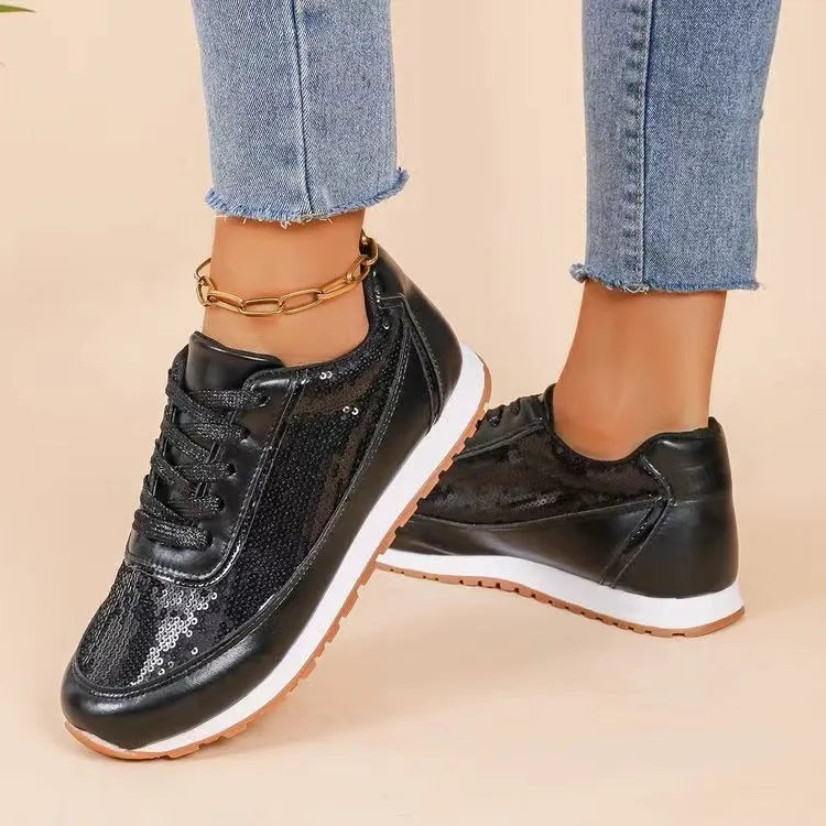 Women's thick-soled casual sneakers with square toe in black, champagne and silver colours