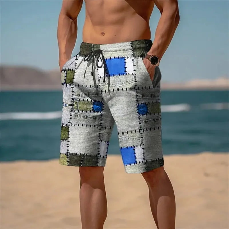 Men's 3D plaid mesh shorts with loose fit and micro-elastic fabric in summer colours