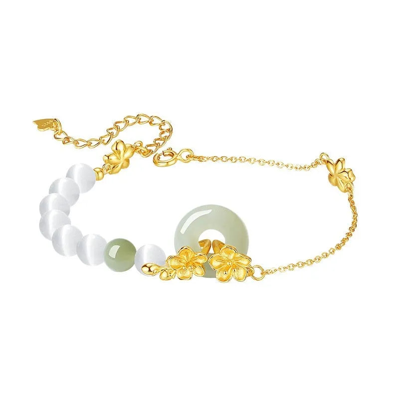 Women's pure silver bracelet with peach blossom safety buckle in New Chinese style flower design