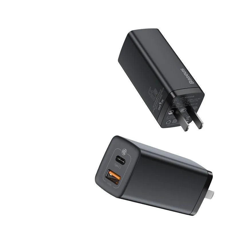 65W dual port gallium nitride charger with indicator light in black and white for 220V US outlets