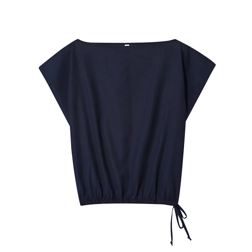 Women's linen-look polyester blend suit set with flounced sleeve shirt and wide leg trousers.