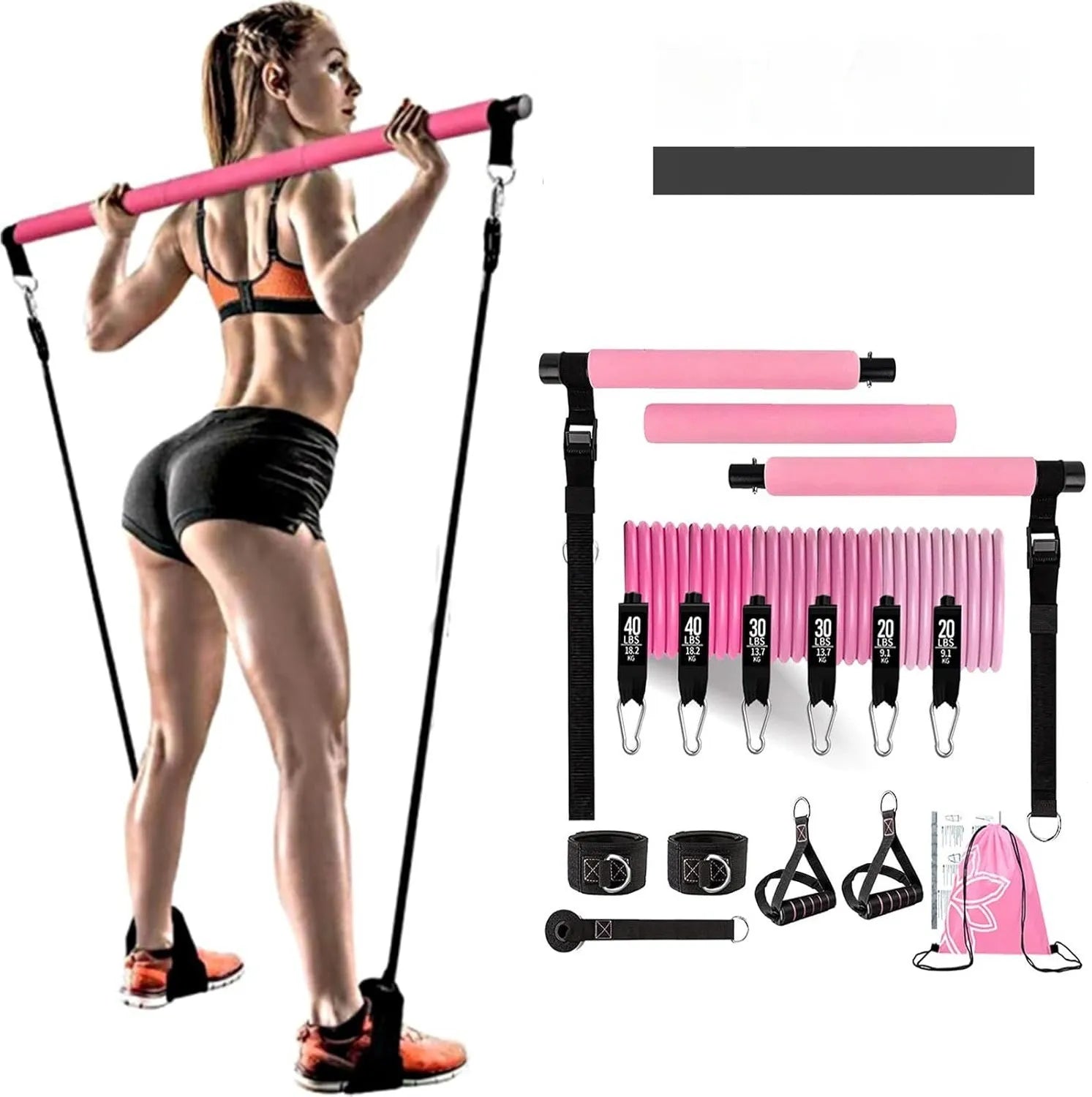 Yoga gymnastic bar with 180-pound pink and black TPE resistance bands for fitness training