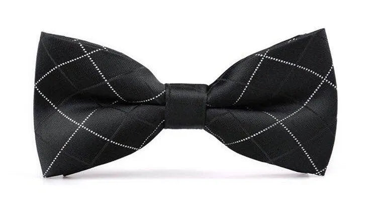 Men's printed polyester flat head bow tie in black stripe, dark blue dot, or light blue stripe for wedding and formal wear