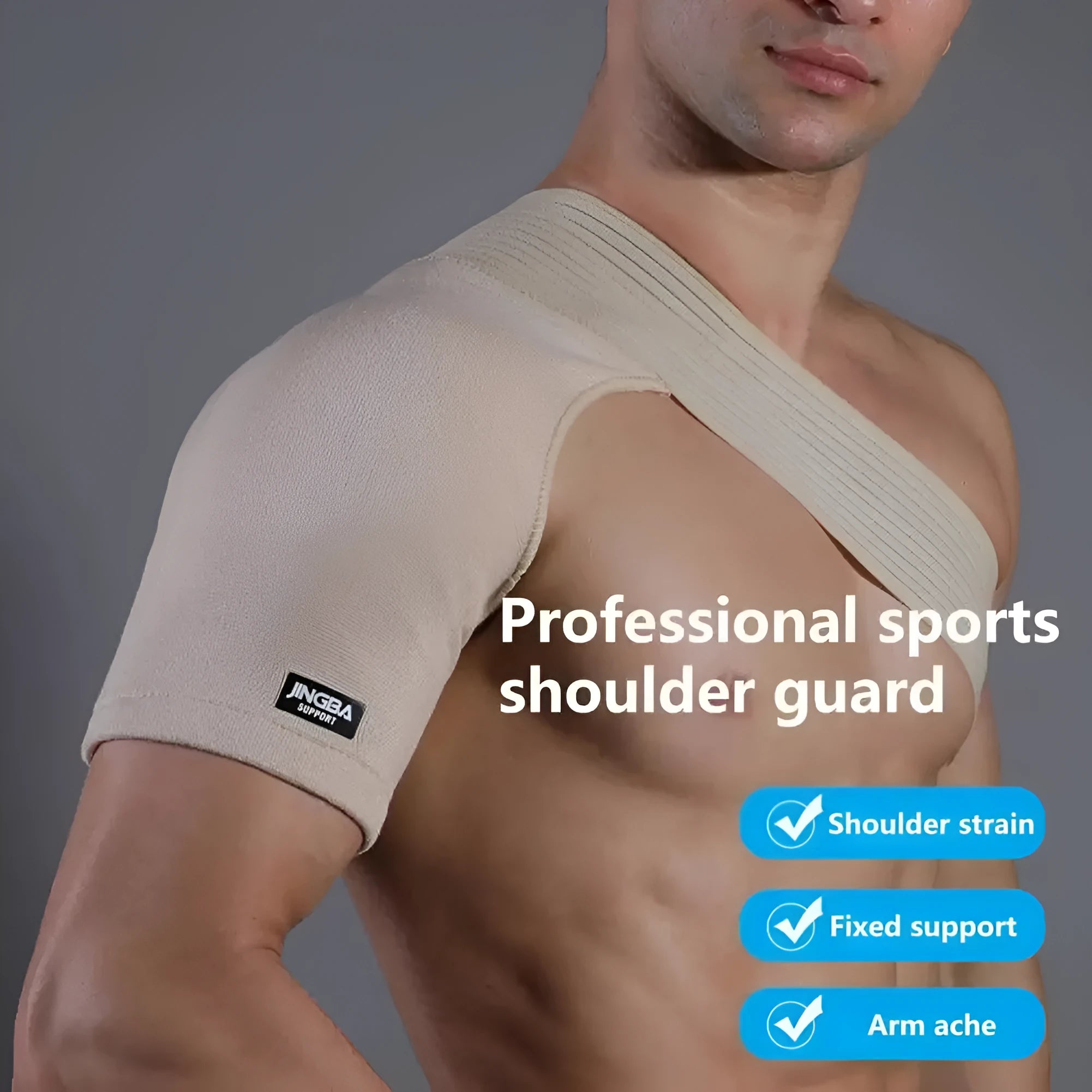 Adjustable skin-coloured sports shoulder support strap shown on a model for weightlifting and running.