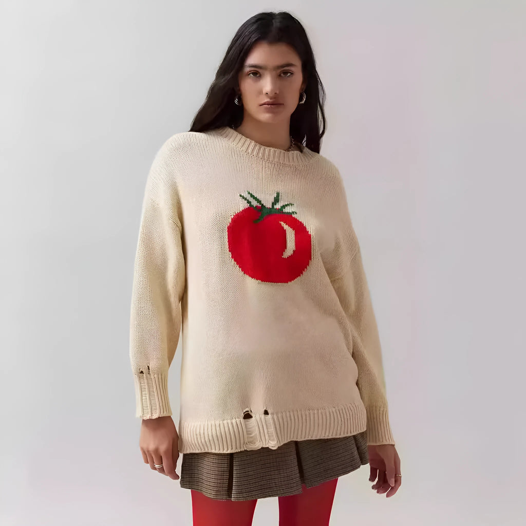 Milky white women's loose-fitting acrylic sweater with jacquard pattern and long sleeves.