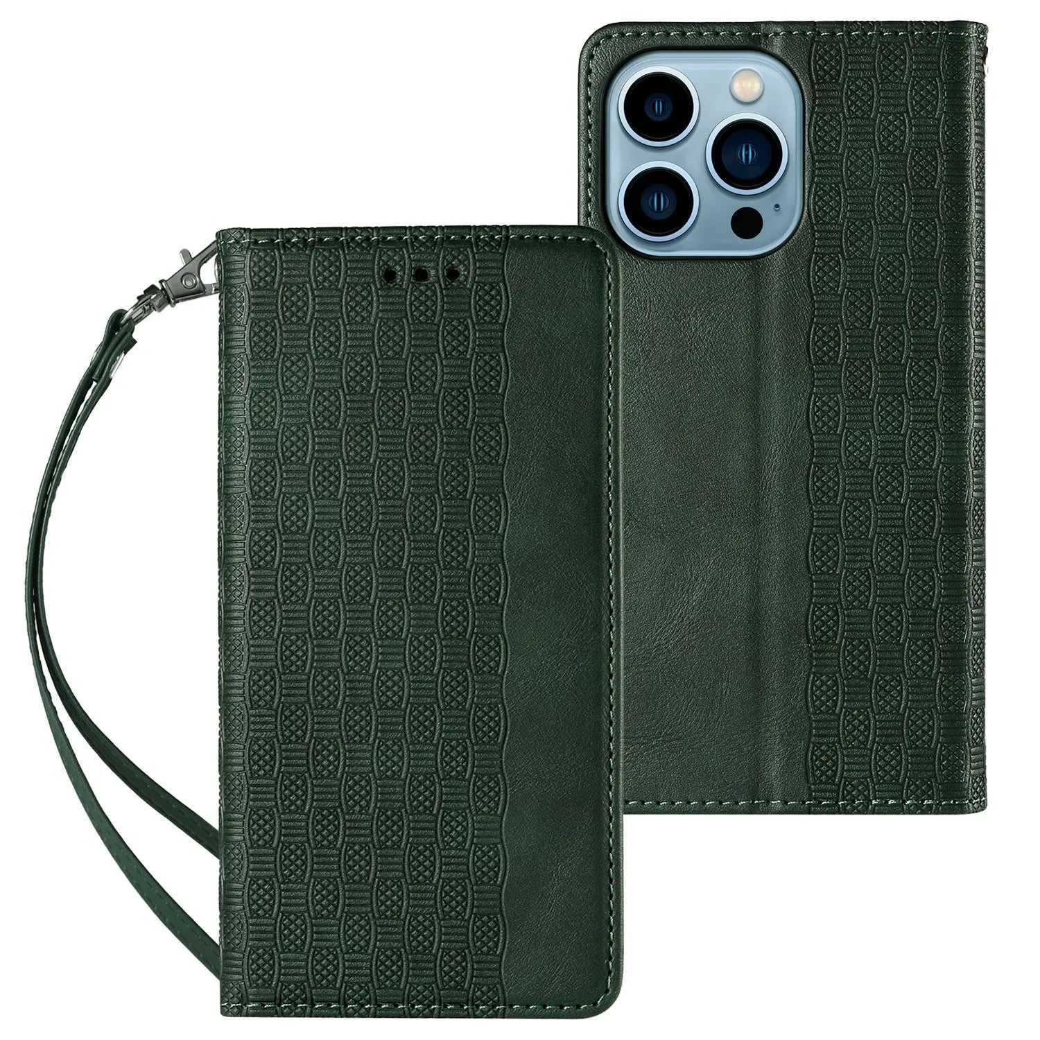 Embossed leather-look flip phone case for iPhone in black, shown open and closed.