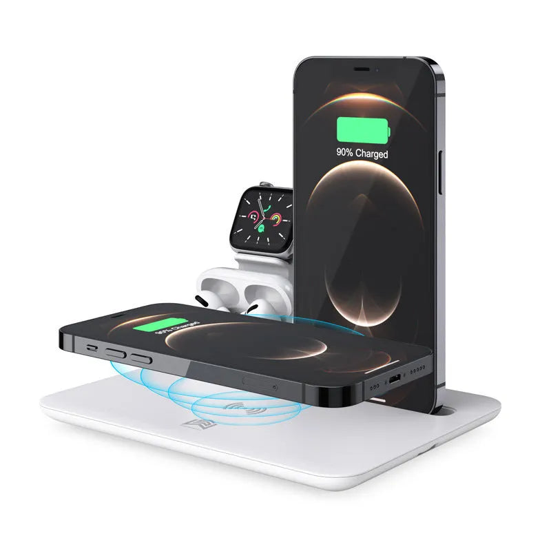 Black desktop wireless charger with phone on pad, watch and headphone cables connected.