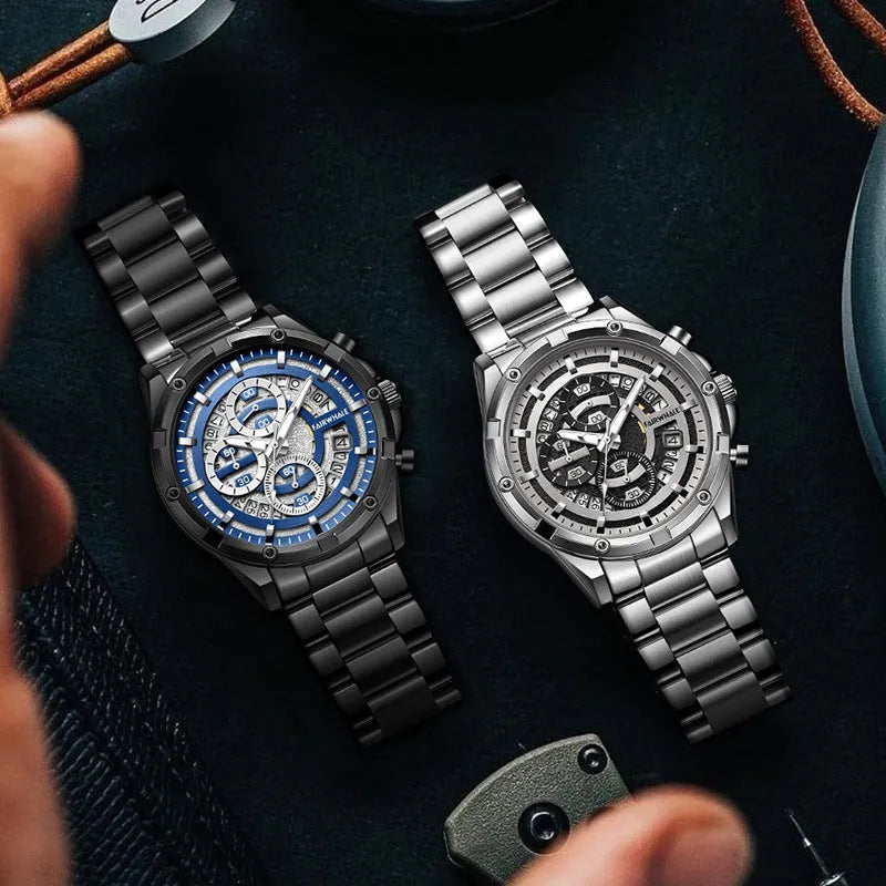 Men's stainless steel luminous quartz watch with a blue dial on a steel bracelet.