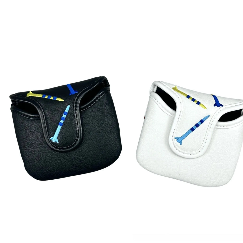 Square black golf putter protective sleeve with white rocket pattern design.